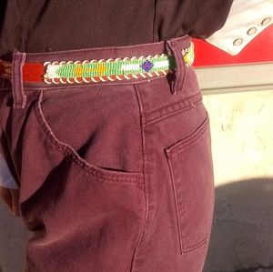 Vintage 28-32" Leather & Beaded Brass Buckle Belt